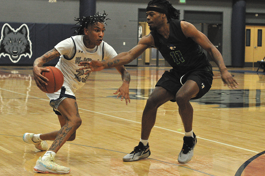 Madison College’s Deante Luster fends off a defender during the Jan. 10 game against Bryant and Stratton College.