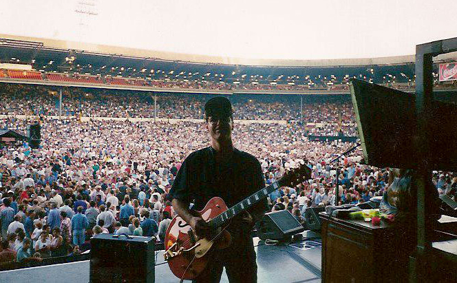 Todd Bowie setting up for the Eagles at Wembley Stadium in London in 1995.