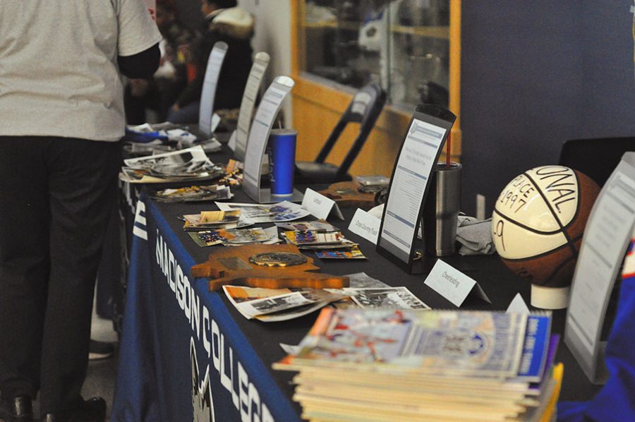 A display in the Redsten Gymnasium lobby showcased women’s athletics at Madison College for the Title IX anniversary event.