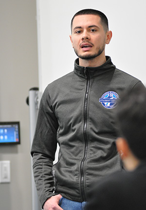 Student Senator Erdi Braimllari introduces himself during the town hall event at Madison College’s Goodman South Campus on Feb. 14.