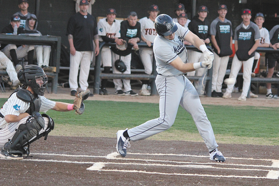 A Madison College batter hits during the team’s Arizona trip in March.