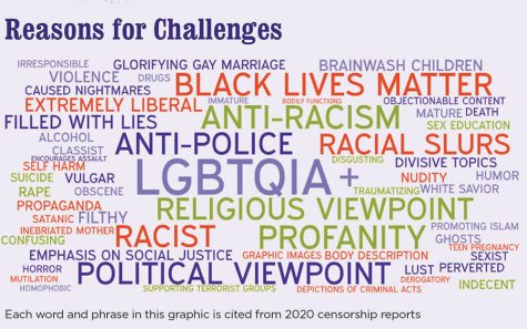 This word cloud sites reasons given for censorship efforts in 2020.