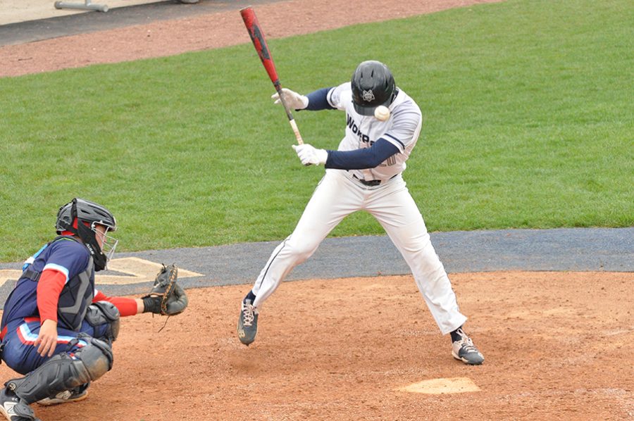 Madison College’s Evan Iwinski gets hit by a pitch during his team’s game against Carl Sandburg College on April 21.