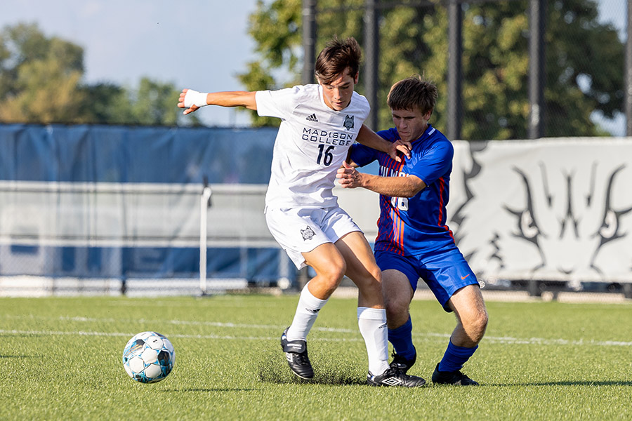Madison College forward Gabe Voung, left, shown during a match from the 2022 season, led the national in goals last year with 25.