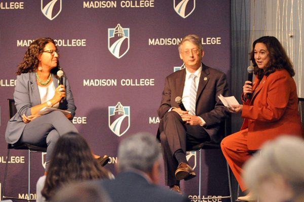 U.S. Department of Education Assistant Secretary Amy Loyd, Under Secretary James Kvaal and Deputy Secretary Cindy Marten speaking at the Unlocking Pathways Summit hosted at Madison College earlier this month.