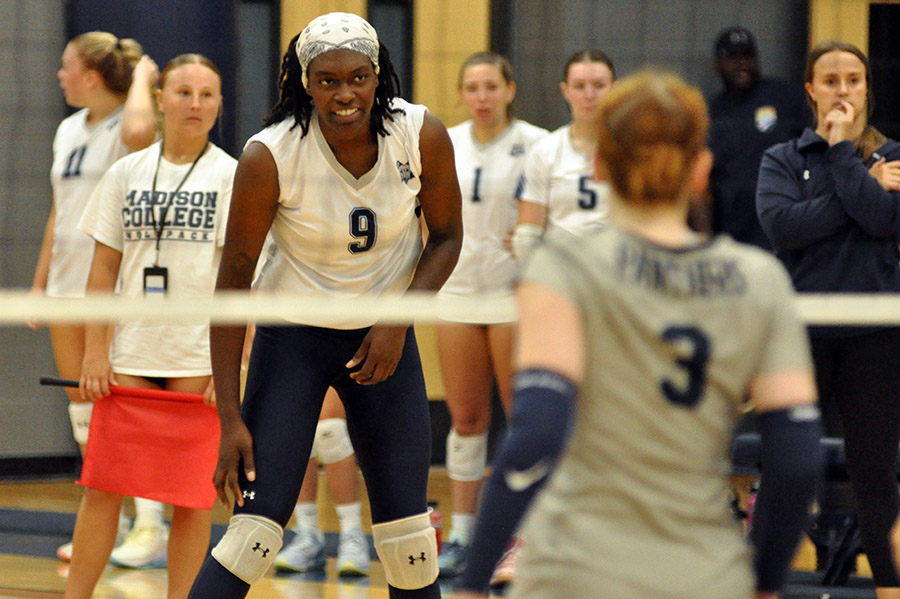 Madison College middle blocker Courtney Gorum (9) waits for the serve during a match on Aug. 23 in Redsten Gymnasium.