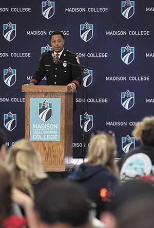 Firefighter Lt. Mahlon Mitchell of the City of Madison Fire Department, gives a speech during a 9/11 memorial event at Madison Area Technical College Truax Campus, Madison, WI, Sept. 11, 2023. The event was held to honor and commemorate those lost in the tragedy, as well as first responders who saved people and sacrificed themselves. 