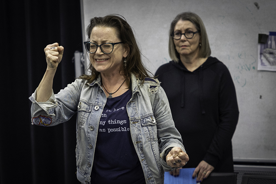 Jessica Witham, left, rehearses a scene from The Women of Lockerbie. (Photo provided to The Clarion)