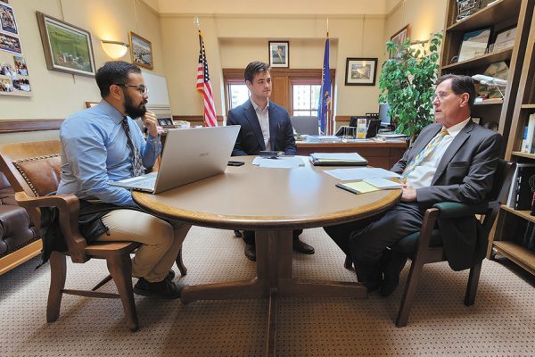 Clarion reporters Kai Brito, left, and Kodiak Koessl, center, interview State Rep. Dave Murphy on Assembly Bill 381 which covers an expansion of Wisconsin Grants and Financial Aid Modernization.