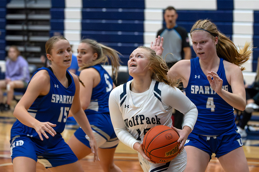 Madison College’s Kayla Staveness (15) drives to the basket during the home-opener on Nov. 8.