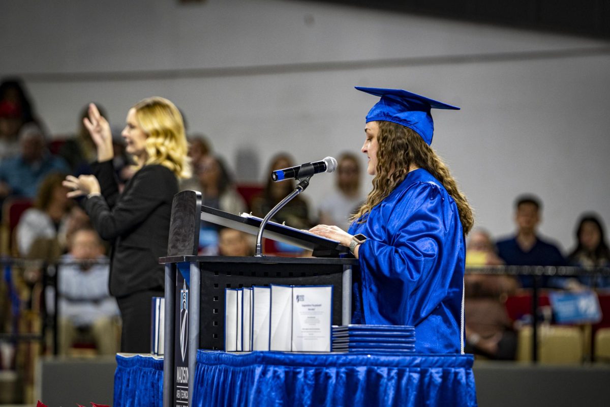 Commencement Speaker Emily Dolan speaks to the Class of Fall 2023 graduates. 