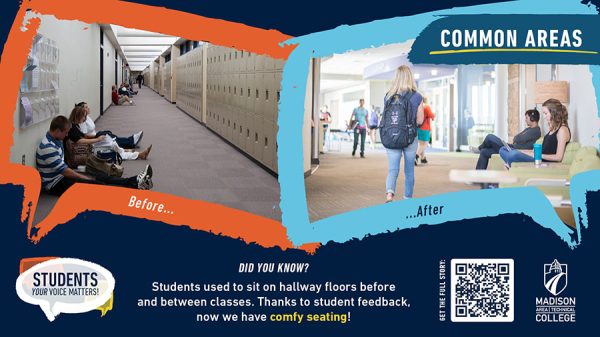Posters explain some improvements that have been made thanks to the Student Satisfaction Inventory.