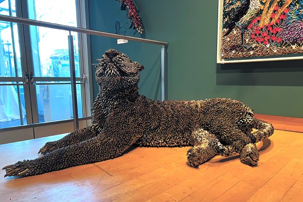 A resting tiger is one of many predatory animals depicted in artist Federico Uribes show on display in the Madison Museum of Contemporary Art. 