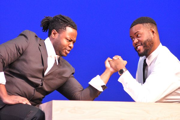 Talen Marshall, left, as Malcolm X and William Toney as Martin Luther King, Jr., in the play, The Meeting, to be presented at Madison College on Feb. 10.