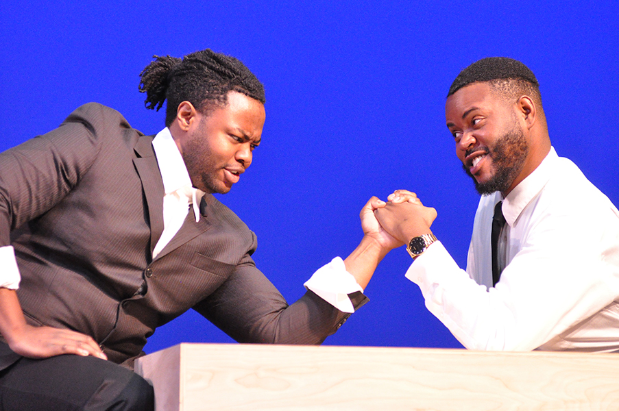 Talen Marshall, left, as Malcolm X and William Toney as Martin Luther King, Jr., in the play, The Meeting, to be presented at Madison College on Feb. 10.