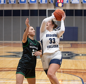 Madison College guard Tazhia Aune goes up for a shot during a recent game against the College of DuPage.