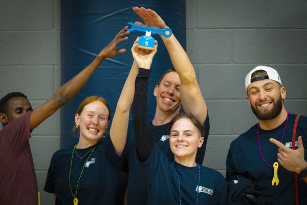 Members of the “Bill’s Ballerz” dodgeball team celebrate their first place win. Pictured, from left, are Mustafa Nur, Sam Flint, Kyle Beckman, Kaylee Anzalone and Max Fink.