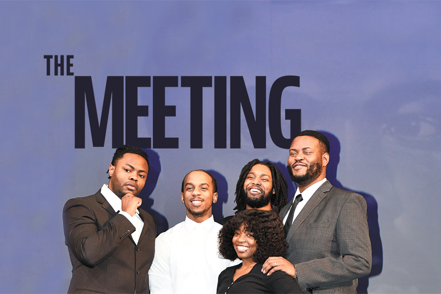 “The Meeting” cast members join director Denzel Taylor, second from right, for a photo during a rehearsal.