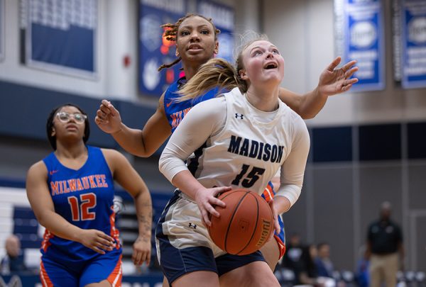 Madison College’s Kayla Staveness looks to the basket against a Milwaukee Area Technical College defender.