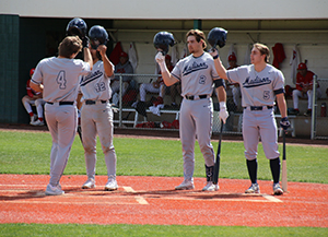Members of the Madison College baseball team celebrate a run during one of the spring break trip games.