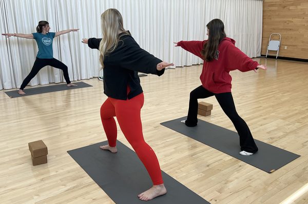 Yoga instructor Nisa Giaquinto, left, works with two students in a yoga studio.