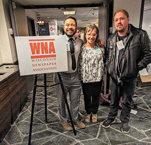 Clarion staff members, from left, Kai Brito, Kelly Feng and Grant Nelson attended the Wisconsin Newspaper Association Convention on March 15.