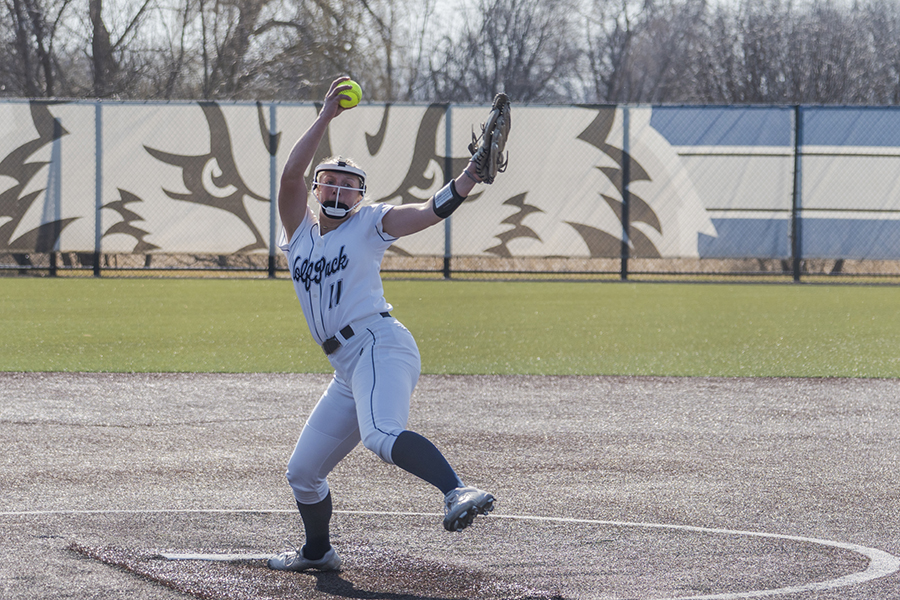 Madison College's Brooke Steinhorst strides forward before releasing a pitch during a game earlier this season.