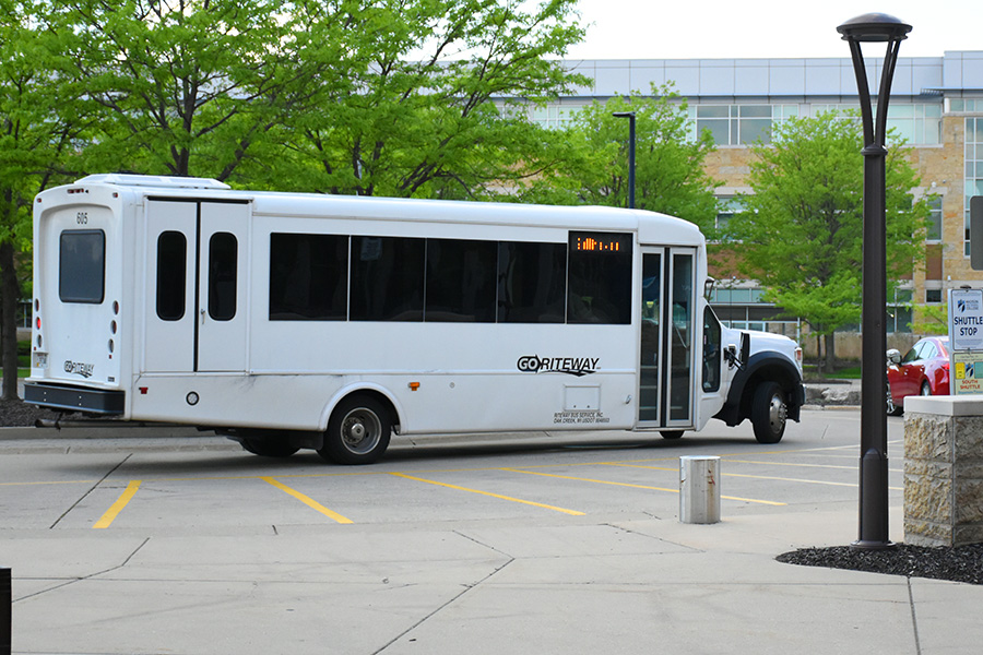 The campus shuttle pulls away from the Truax Campus during the spring 2025 semester. (Clarion File Photo)