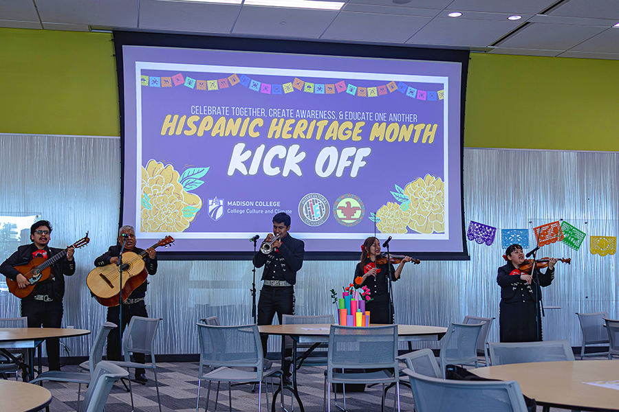 A mariachi band performs at the Hispanic Heritage Month Kick-off event on Sept. 18 at the Truax Campus.