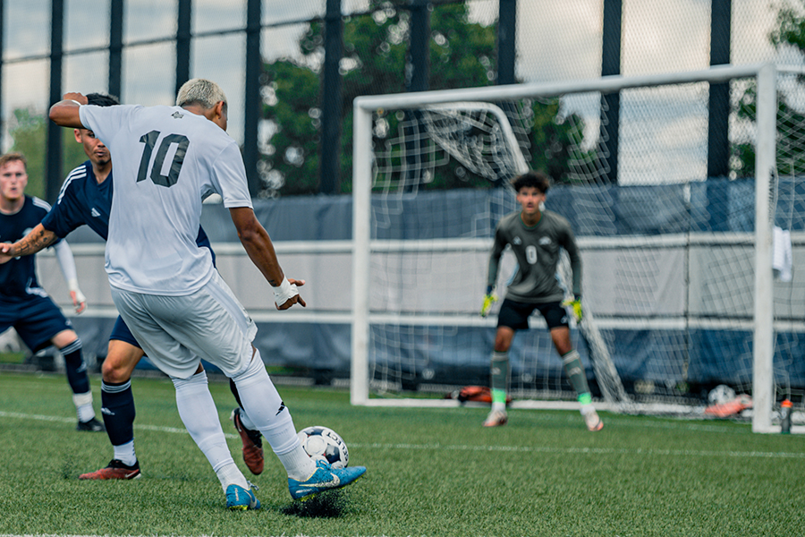 Madison College midfielder Rodrigo Lasso (10) attempts a shot during a 2-0 home victory against Carl Sandburg College on Aug. 30. The WolfPack has won its first seven matches of the season.