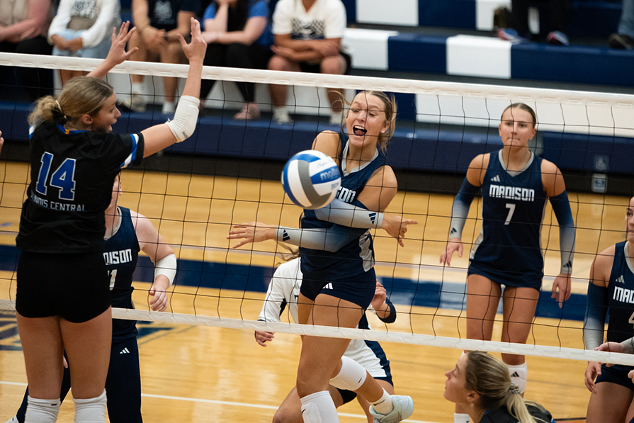 Madison College outside hitter Ella Vosberg hits the ball past a defender during a 3-0 win against Illinois Central on Sept. 13. The WolfPack volleyball team, now ranked 20th in the NJCAA Division II, has a 16-2 record. 