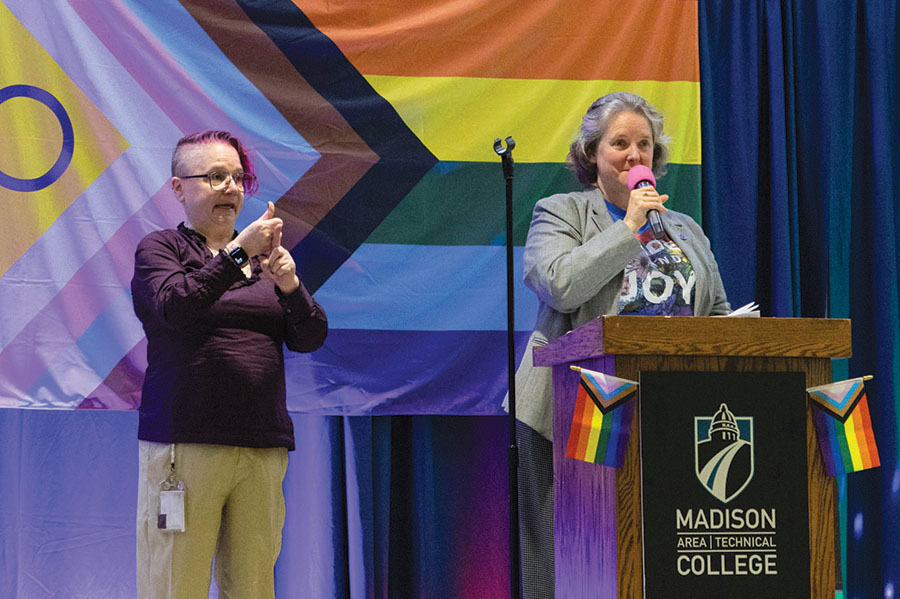 Madison Mayor Satya Rhodes-Conway speaks at the opening celebration for the art exhibit “Queer: A Proud & Loud Art Show” a the Truax Campus on Oct. 9.