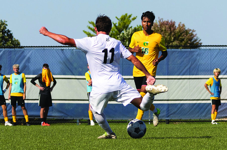 Madison College’s Carson Stebbins (11) takes a shot against Parkland College on Sept. 27.