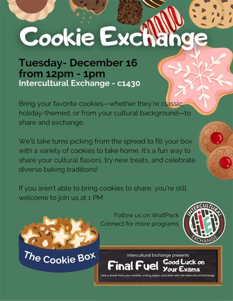 Flyer for the Intercultural Exchange's Cookie Exchange event on Tuesday, Dec. 16, from noon to 1 p.m.