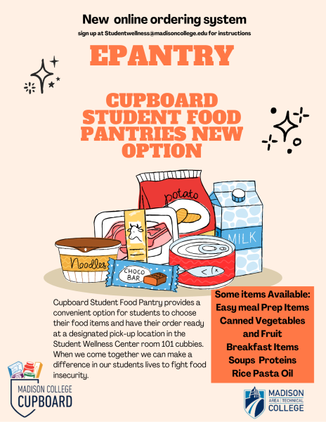 A flyer promoting the online ordering option for the Madison College student food pantry. Contact studentwellness@madisoncollege.edu for more information.
