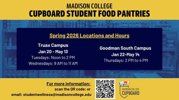 Madison College Cupboard Student Food Pantries flyer listing hours and locations for the Spring 2026 semester.