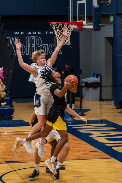 Madison College's Jackson Bertagnoli (left) goes up to defend a shot by a Blackhawk Technical College player on Jan. 10.