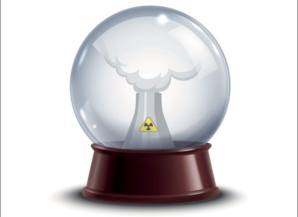 Illustration by Aida Wilmo of a crystal ball showing a nuclear plant.
