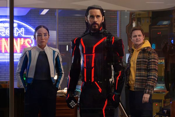 From left, Greta Lee, Jared Leto and Arturo Castro in "Tron: Ares." (Leah Gallo/Disney Enterprises, Inc./TNS)