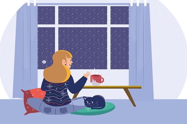 Illustration by Aida Wilmo showing a young lady enjoying coffee while playing with her cat and looking out the window.