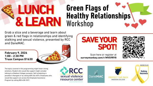 Green Flags of Healthy Relationships Flyer for event on Feb. 9 at 1 p.m. in Truax Room D1630.