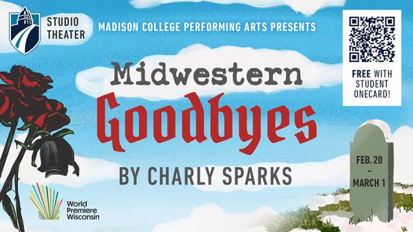 Flyer for Midwestern Goodbyes play featuring flowers and a tombstone