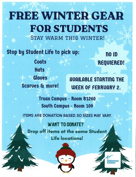 Flyer showing a penquin in a cap and scarf promoting a winter clothing drive