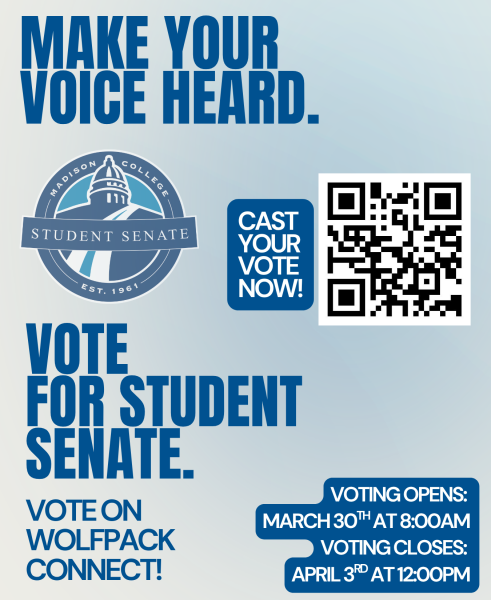 Poster for Voting in Senate Election, including a QR code to vote on WolfPack Connect.