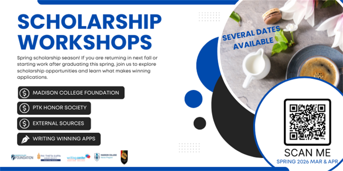 Scholarship workshop flyer promoting events in April. Learn more on WolfPack Connect.