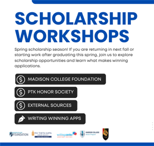 Scholarship workshop flyer promoting events in April. Learn more on WolfPack Connect.