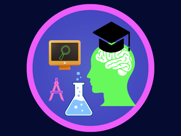 A head with a brain, wearing a graduation cap, looking at a computer, a compass, a drawing tool and a beaker.