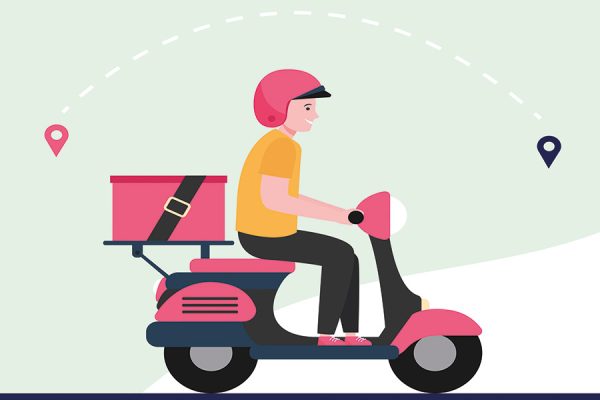 A young man drives a scooter delivering food.