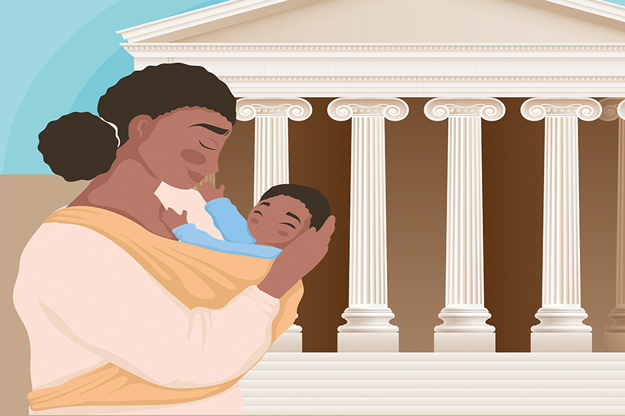 An illustration of a woman holding a baby in front of the Supreme Court building.