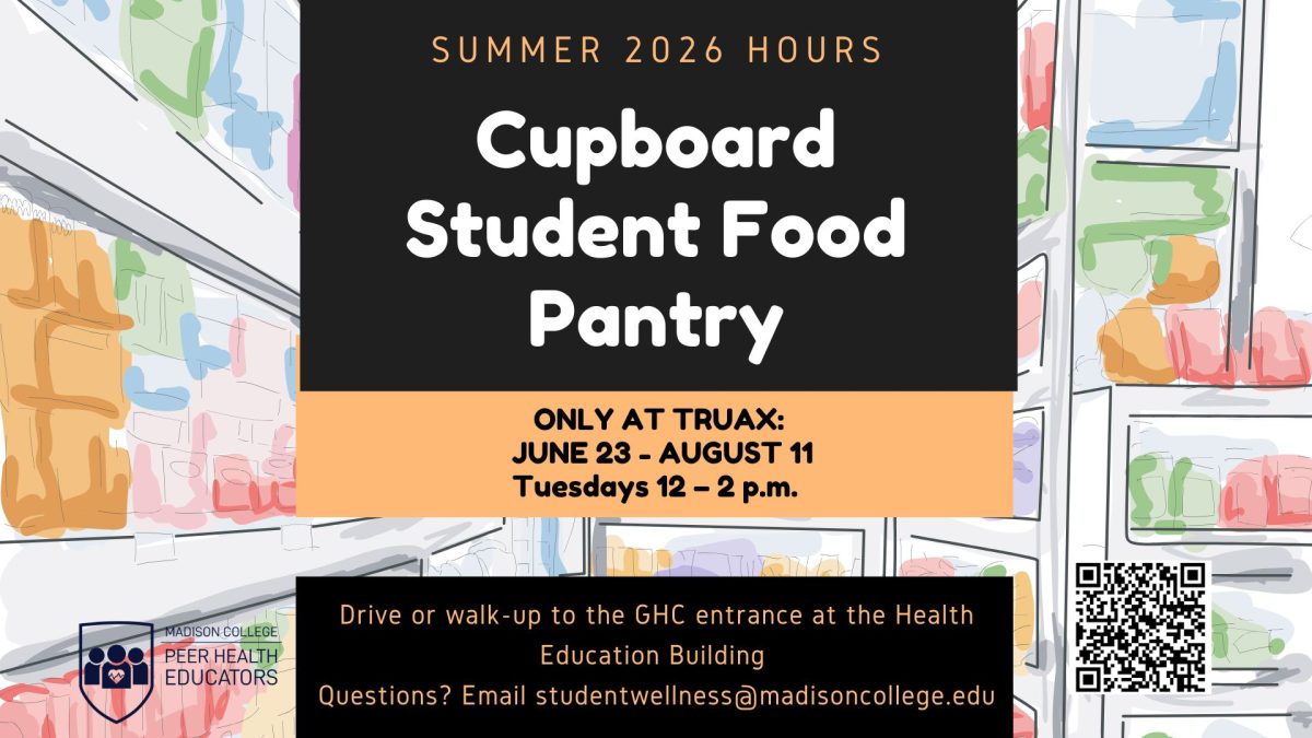 Cupboard student food pantry flyer highlighting summer hours at the Truax Campus on Tuesdays from noon to 2 p.m. from June 23 through August 11